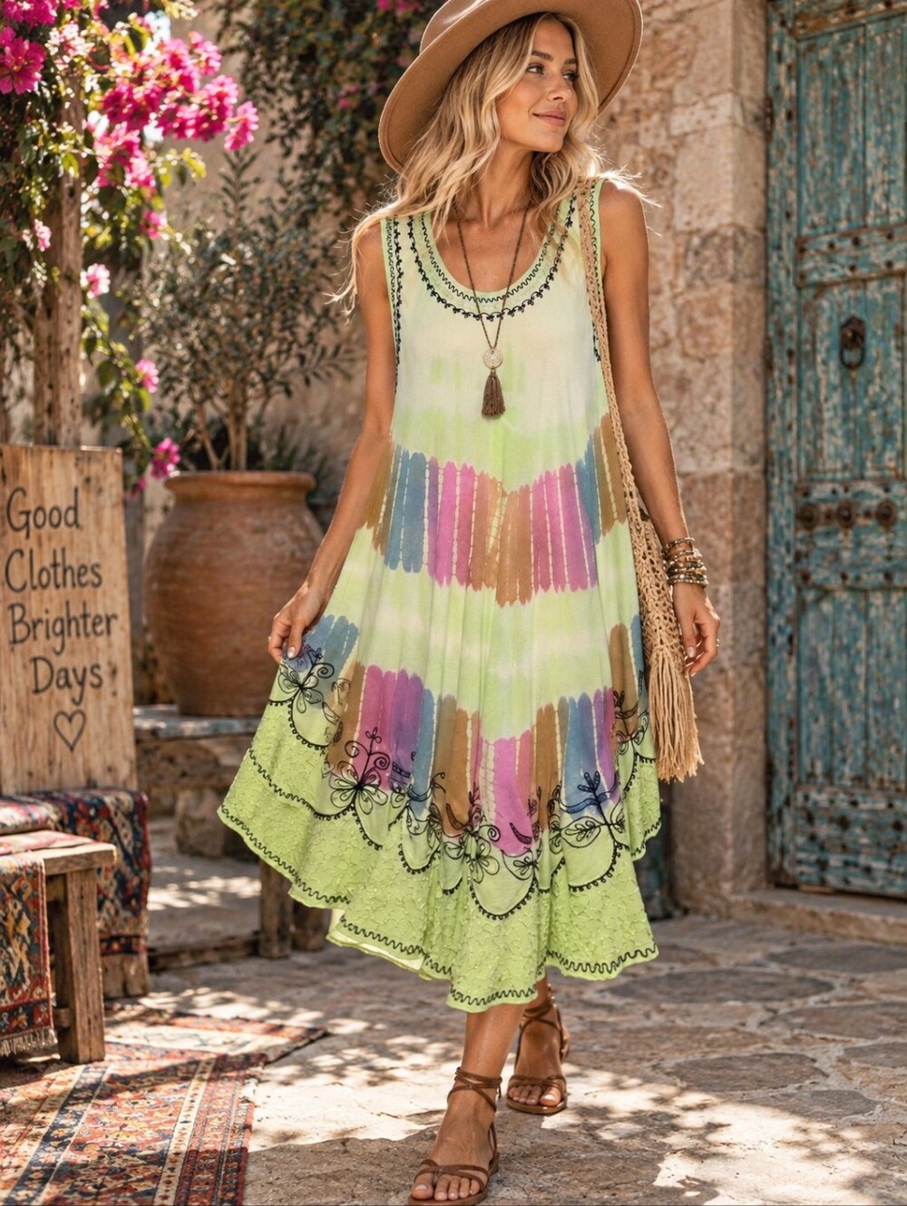 LUNGTA IMPORTS Dress Womens One Size Green Embroidered Boho Midi Festival Rayon